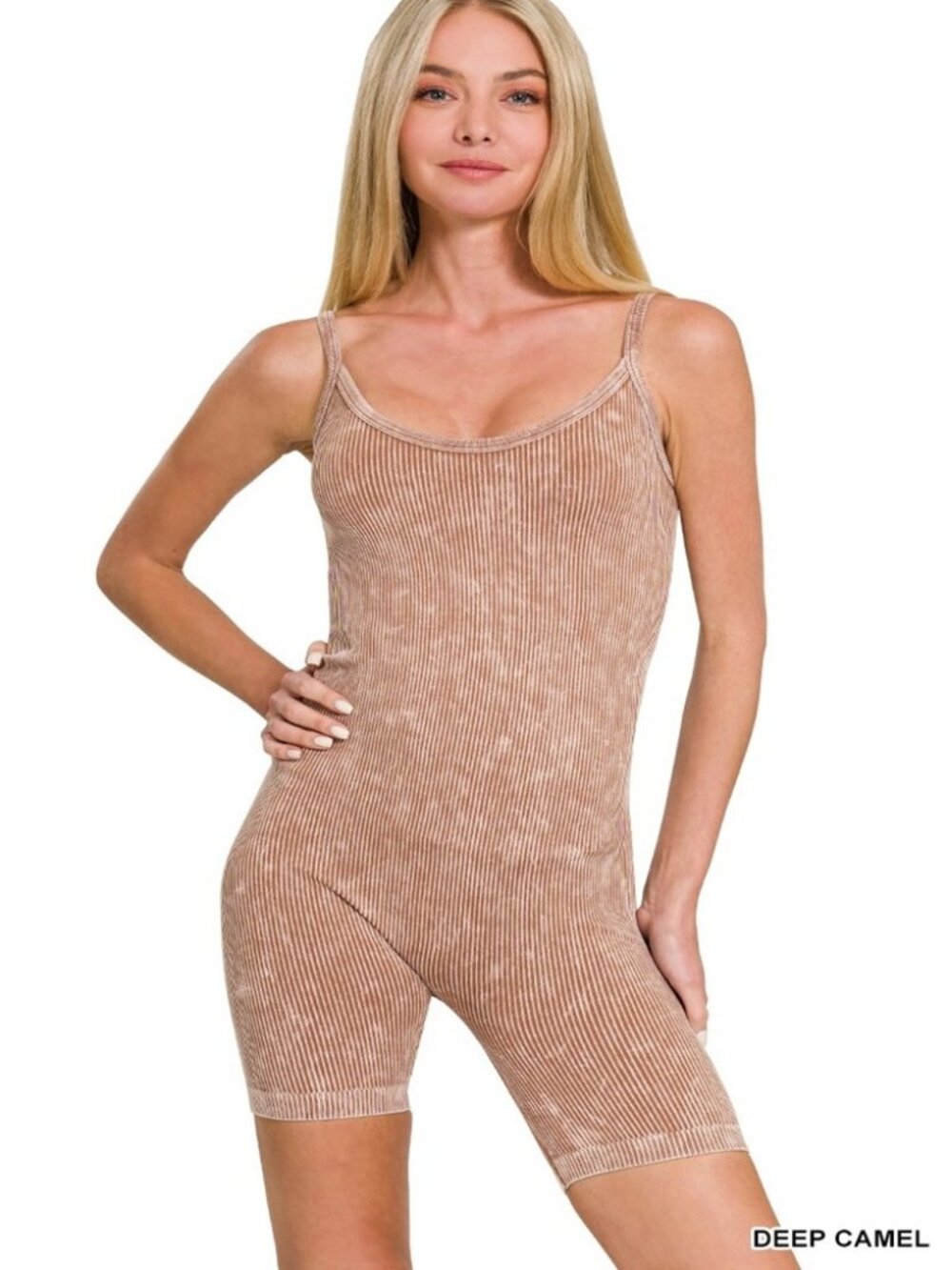 Stone Washed Ribbed Seamless Romper for Women Stretch Bodycon Casual One Piece